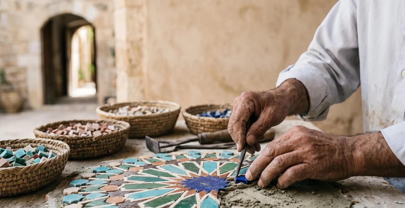 Close-up of a craftsman's hands placing small coloured stone tesserae into a wet mortar bed inside a sunlit traditional workshop