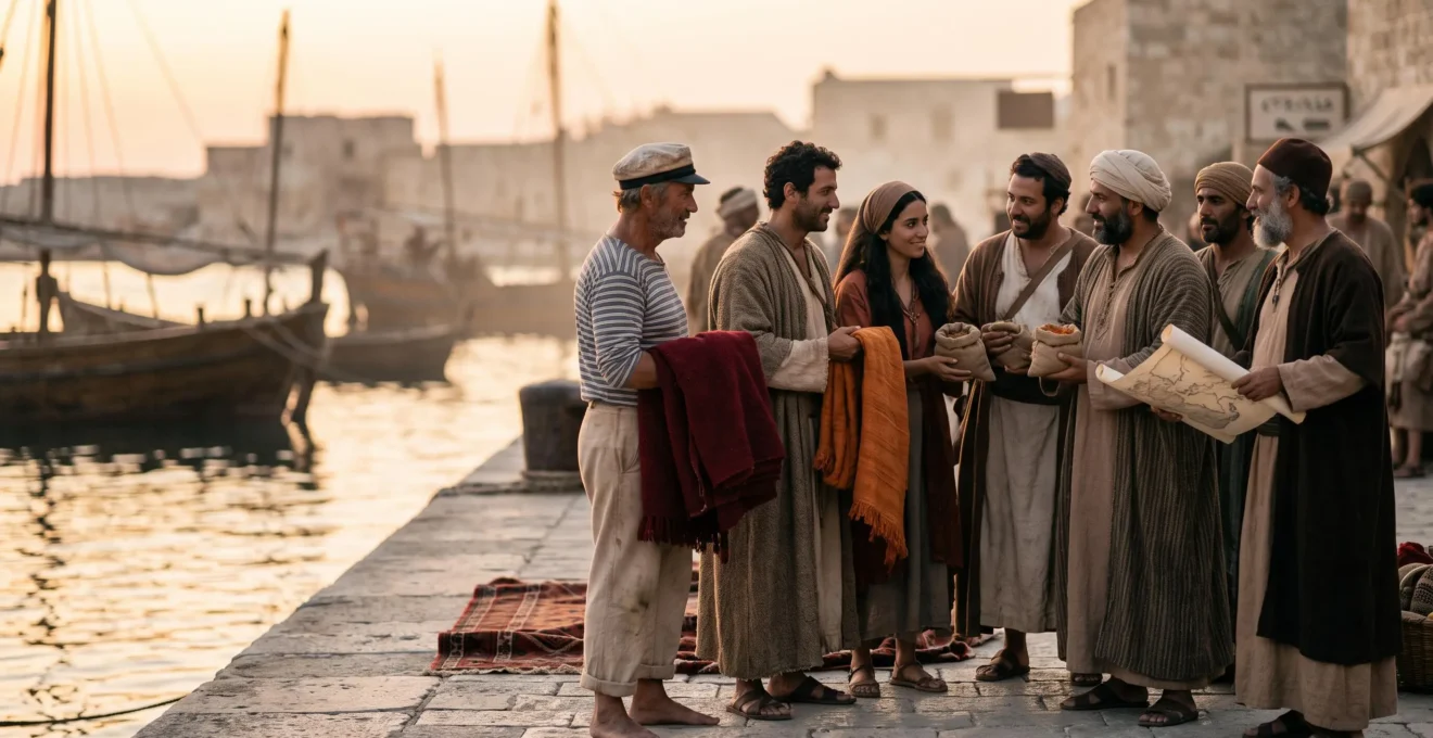 A diverse group of merchants and sailors from different Mediterranean cultures gathered at a historic stone harbor at golden hour, symbolizing centuries of cultural exchange.