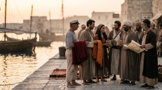 A diverse group of merchants and sailors from different Mediterranean cultures gathered at a historic stone harbor at golden hour, symbolizing centuries of cultural exchange.