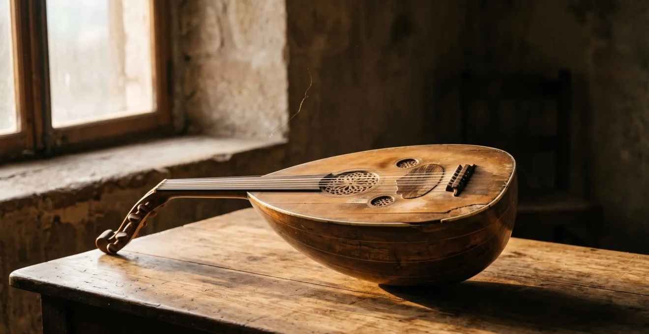Close-up editorial photograph of an oud resting in warm golden light, symbolizing a thousand years of Arab musical heritage