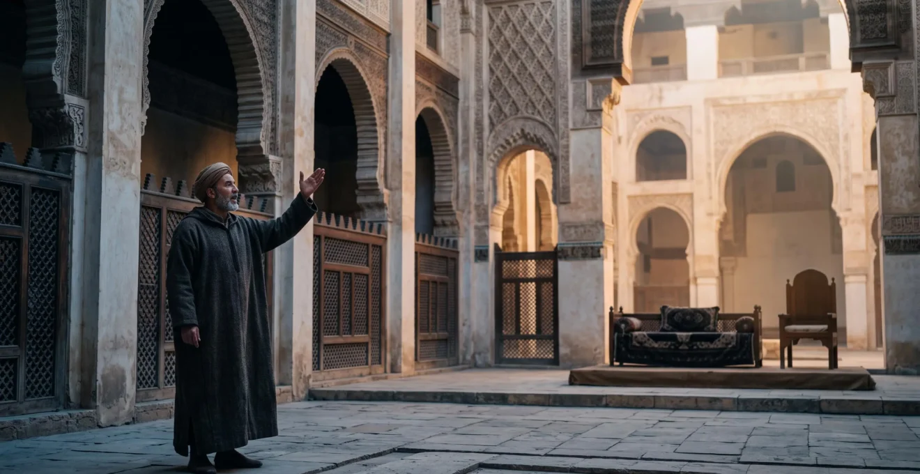 Silhouette of a robed poet reciting verses before a distant illuminated throne, symbolizing the tension between artistic voice and absolute power in Arab history