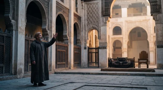 Silhouette of a robed poet reciting verses before a distant illuminated throne, symbolizing the tension between artistic voice and absolute power in Arab history