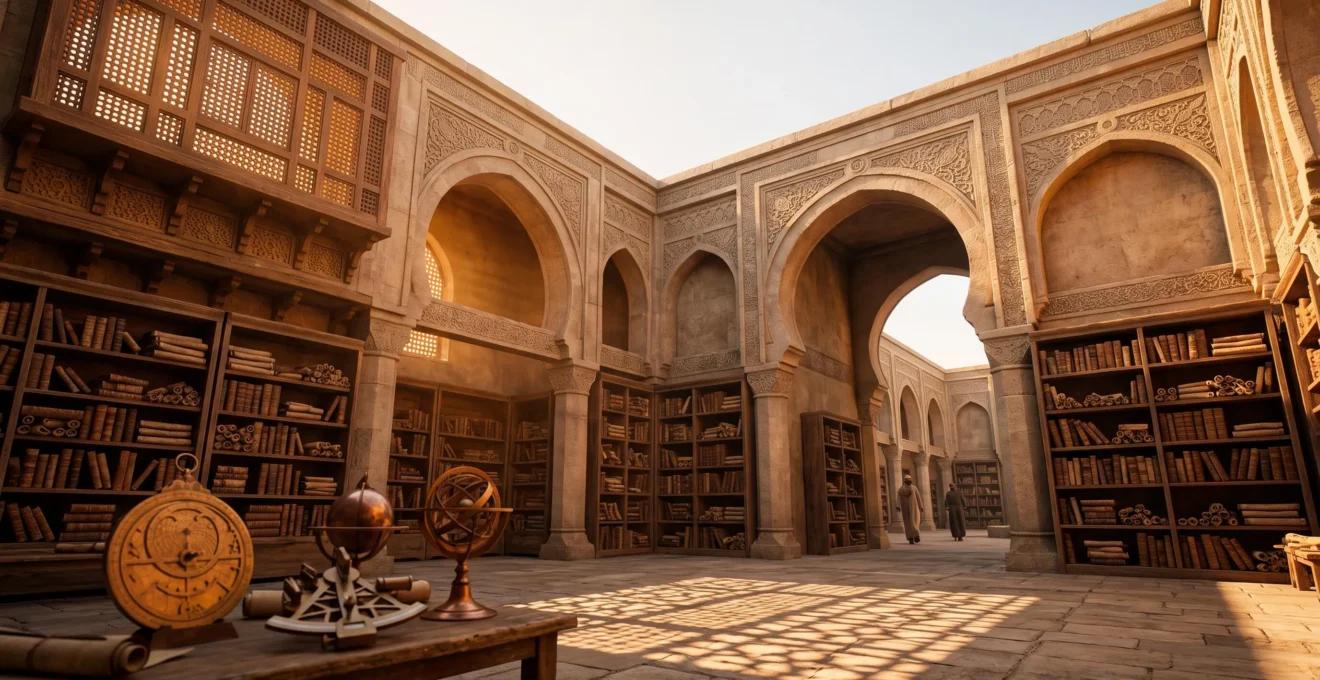 Symbolic wide-angle image representing the political and intellectual foundations of the Islamic Golden Age's scientific flourishing
