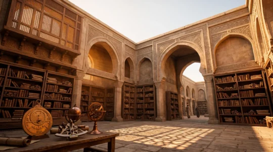 Symbolic wide-angle image representing the political and intellectual foundations of the Islamic Golden Age's scientific flourishing
