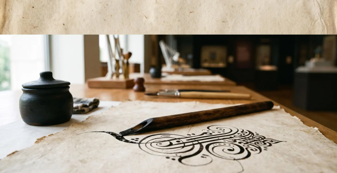A reed pen mid-stroke on parchment, its ink flowing into an abstract, unreadable ornamental pattern that evokes the transformation of writing into visual art