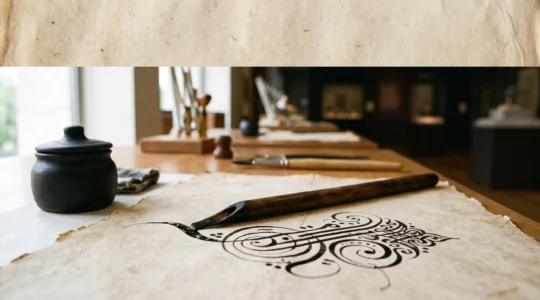 A reed pen mid-stroke on parchment, its ink flowing into an abstract, unreadable ornamental pattern that evokes the transformation of writing into visual art