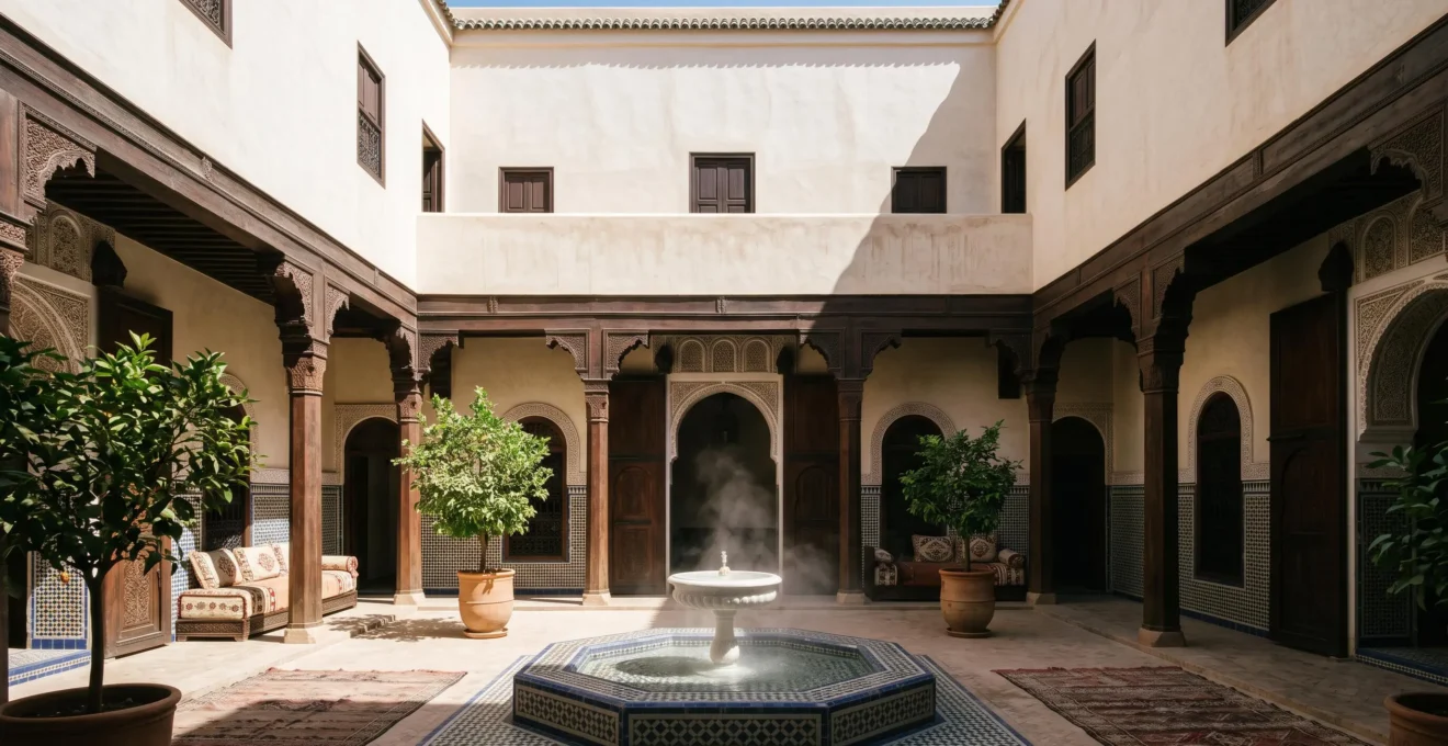 Sunlit traditional Arab riad courtyard with a central fountain and shaded arcades demonstrating natural cooling architecture