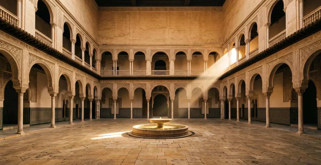 Wide symmetrical view of a sunlit sanctuary courtyard with a stone fountain and a single beam of light crossing carved archways