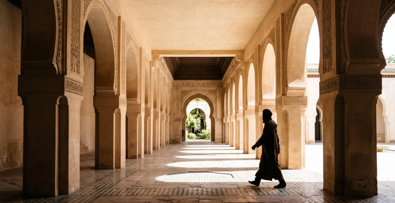 Silhouette of a person walking through a sunlit corridor of grand horseshoe arches, evoking Arab architectural heritage