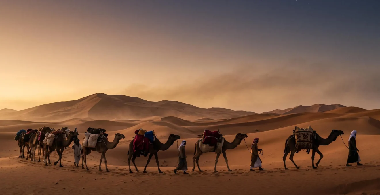 A caravan of camels laden with silk bales crossing a vast desert at dusk, symbolizing the Silk Road's transformation of a fabric into global cultural currency