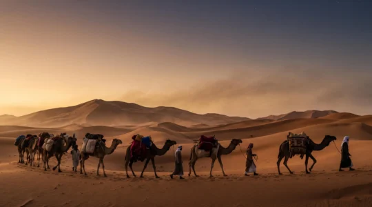 A caravan of camels laden with silk bales crossing a vast desert at dusk, symbolizing the Silk Road's transformation of a fabric into global cultural currency