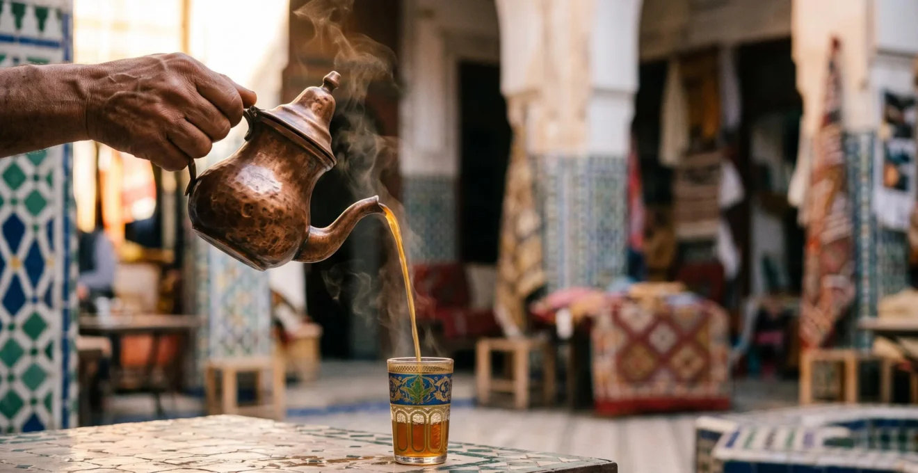 A host pouring tea from height into an ornate glass, steam rising, symbolizing the social contract of Arab hospitality