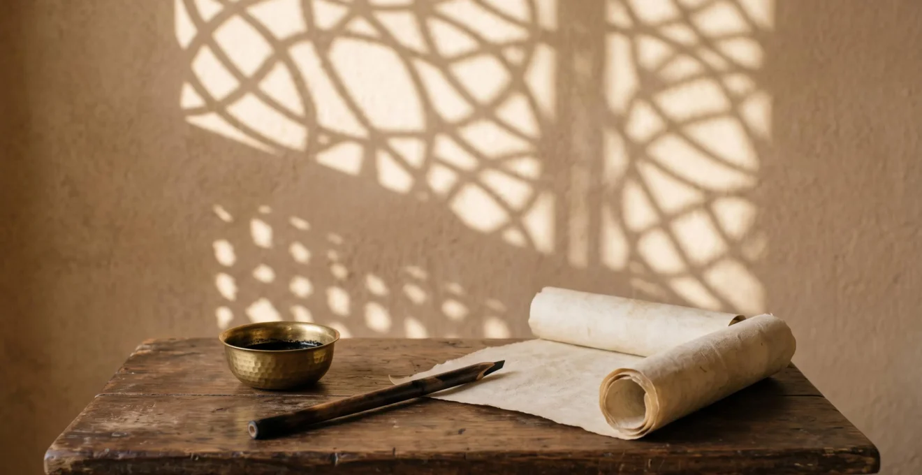 Editorial photograph symbolizing the intricate rhythmic architecture of classical Arabic poetry through geometric light patterns and desert texture