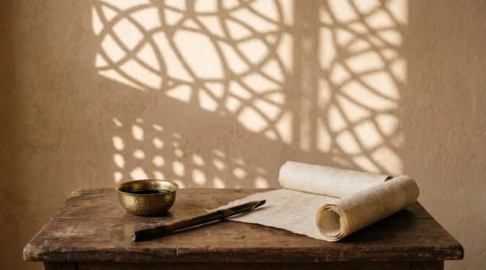 Editorial photograph symbolizing the intricate rhythmic architecture of classical Arabic poetry through geometric light patterns and desert texture