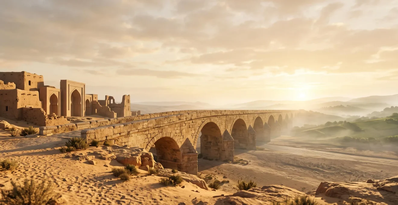 Wide symbolic photograph of an ancient stone bridge connecting three distinct architectural landscapes, representing intellectual exchange across continents