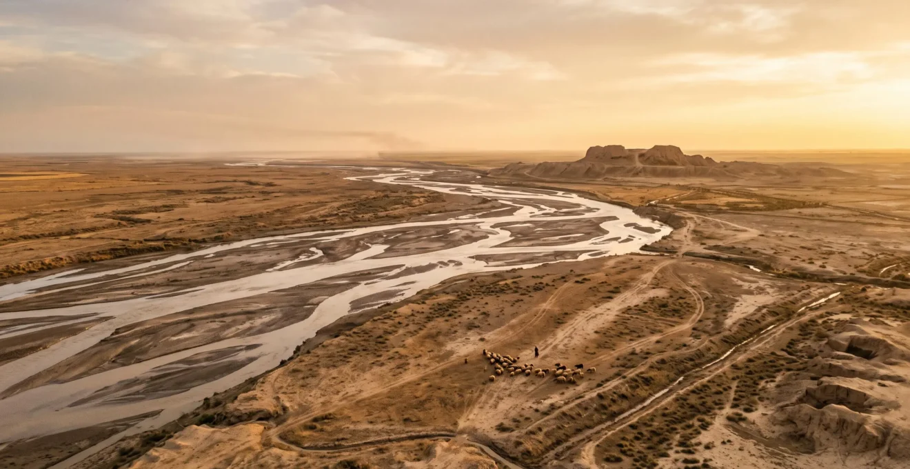 Wide aerial view of the Tigris and Euphrates floodplain at golden hour, symbolizing the birth of the first Mesopotamian cities
