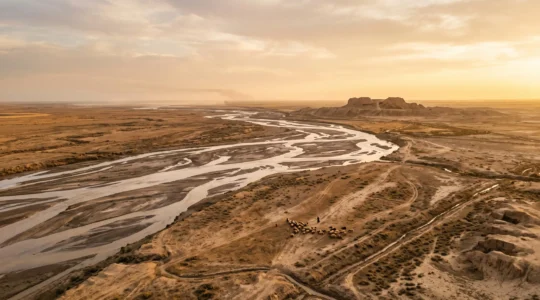 Wide aerial view of the Tigris and Euphrates floodplain at golden hour, symbolizing the birth of the first Mesopotamian cities