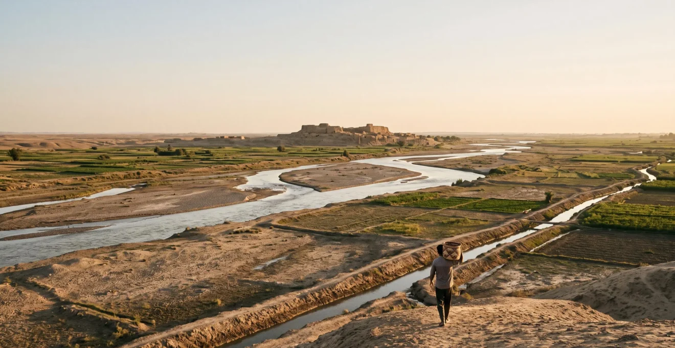 Wide aerial view of ancient irrigated river valley fields converging toward a distant walled settlement at dawn