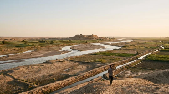 Wide aerial view of ancient irrigated river valley fields converging toward a distant walled settlement at dawn