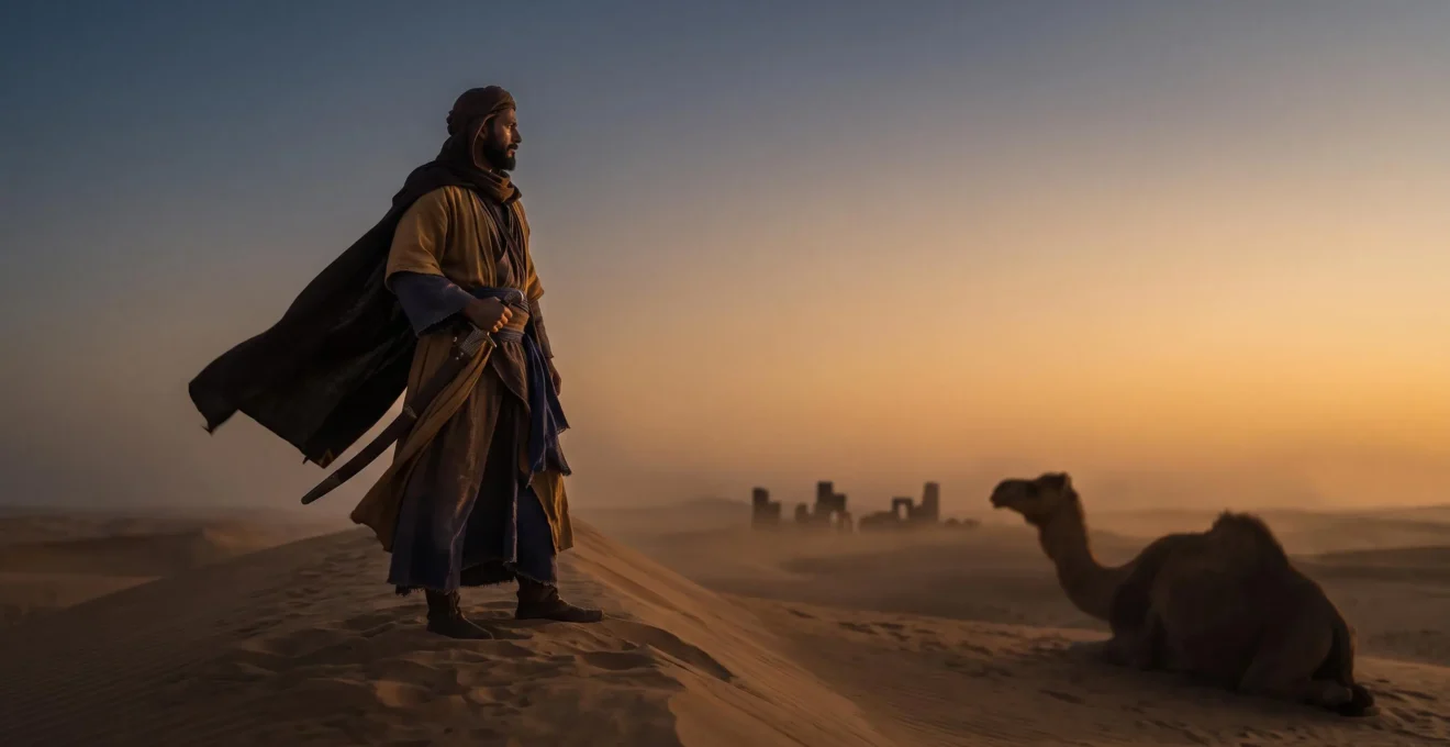 Lone Bedouin poet figure standing on a desert dune at golden hour, gazing toward a distant horizon