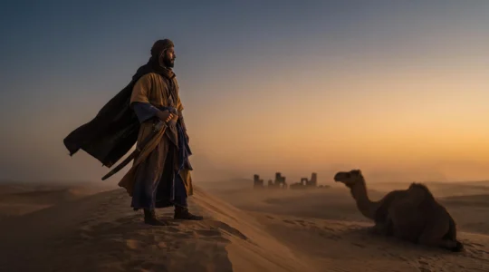 Lone Bedouin poet figure standing on a desert dune at golden hour, gazing toward a distant horizon