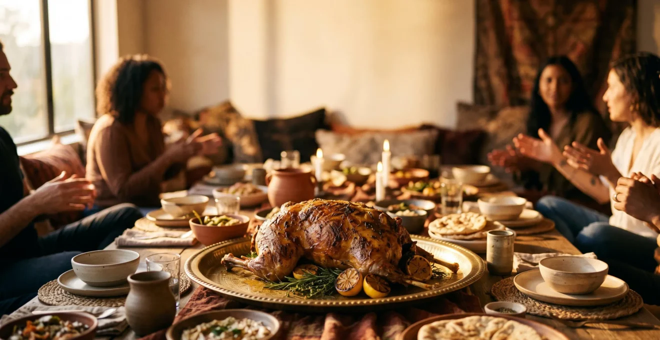 A whole roasted lamb presented as the centerpiece of a generous Arab communal feast